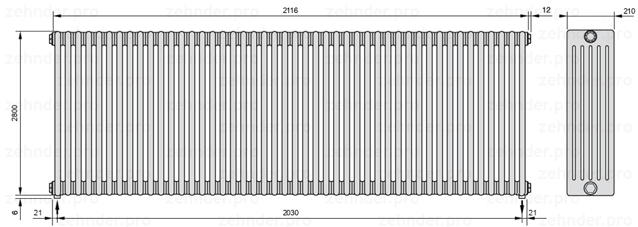 Схема (чертеж) Радиатор Zehnder Charleston 6280/46 №5310 Белый глянцевый RAL 9016